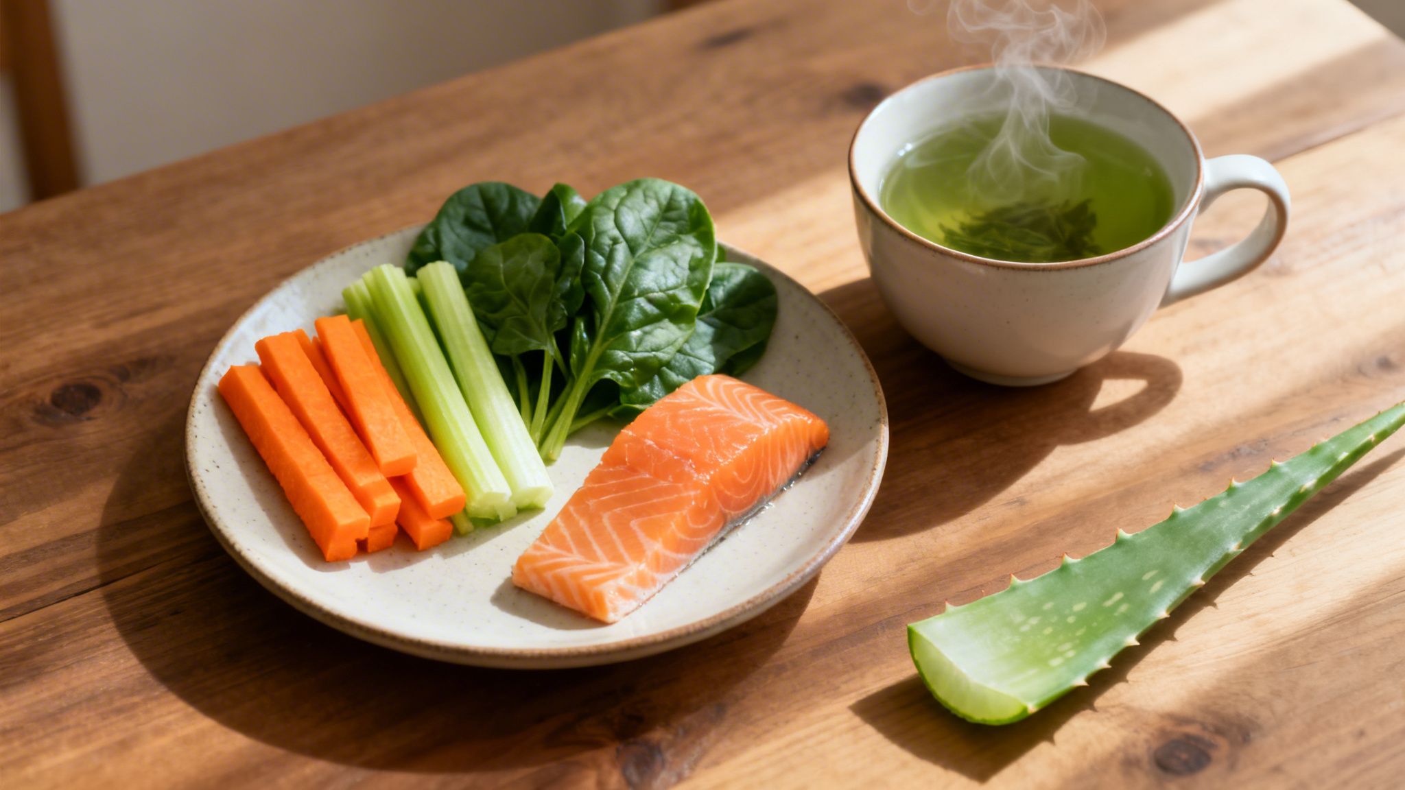 A healthy meal with raw salmon, spinach, carrots, celery, green tea, and aloe vera on a wooden table.