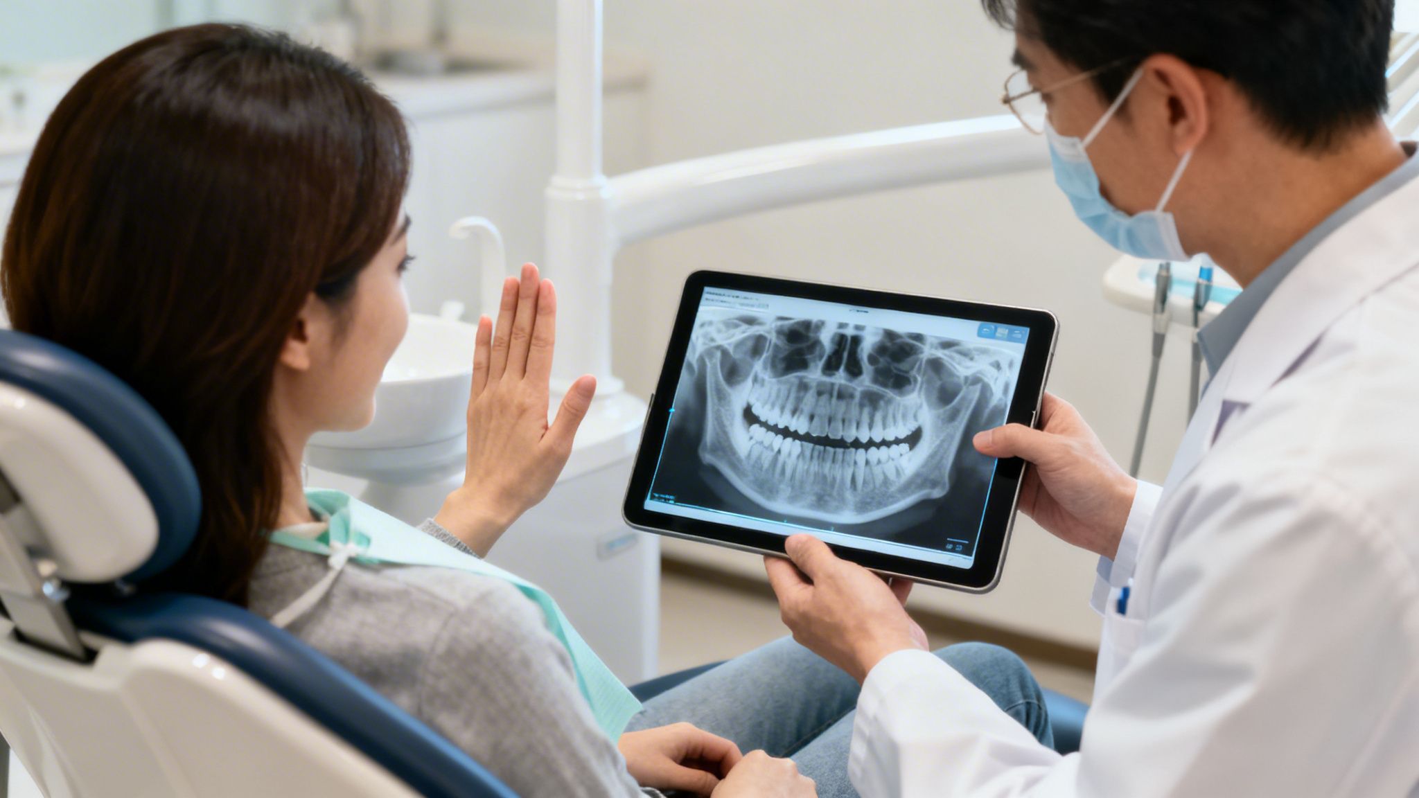 Dentist explains teeth X-ray on a tablet to an anxious patient in a dental office.