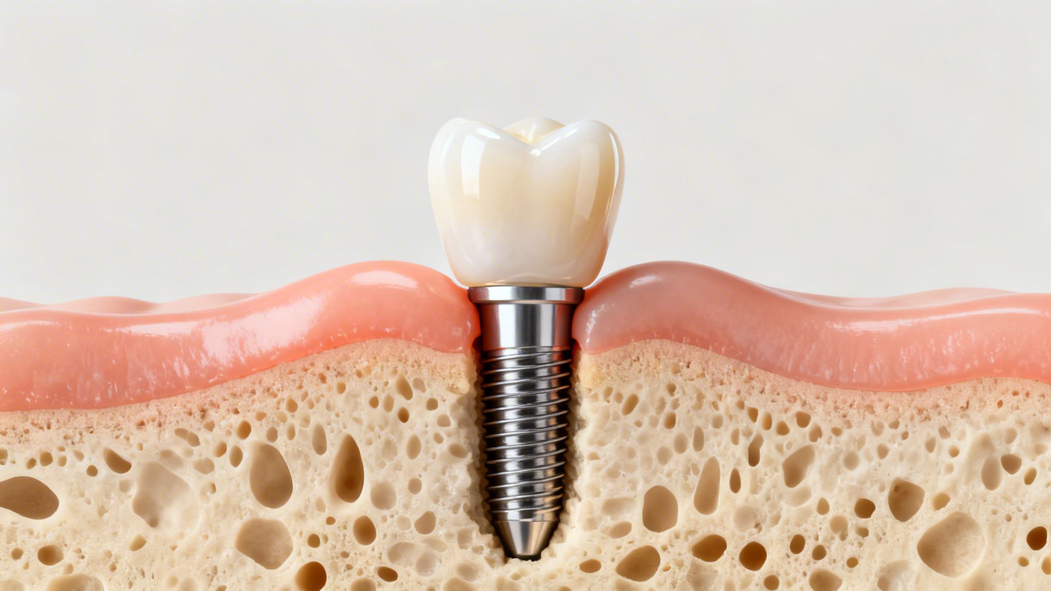 Detailed cross-section of a dental implant model demonstrating integration into jawbone and gum.
