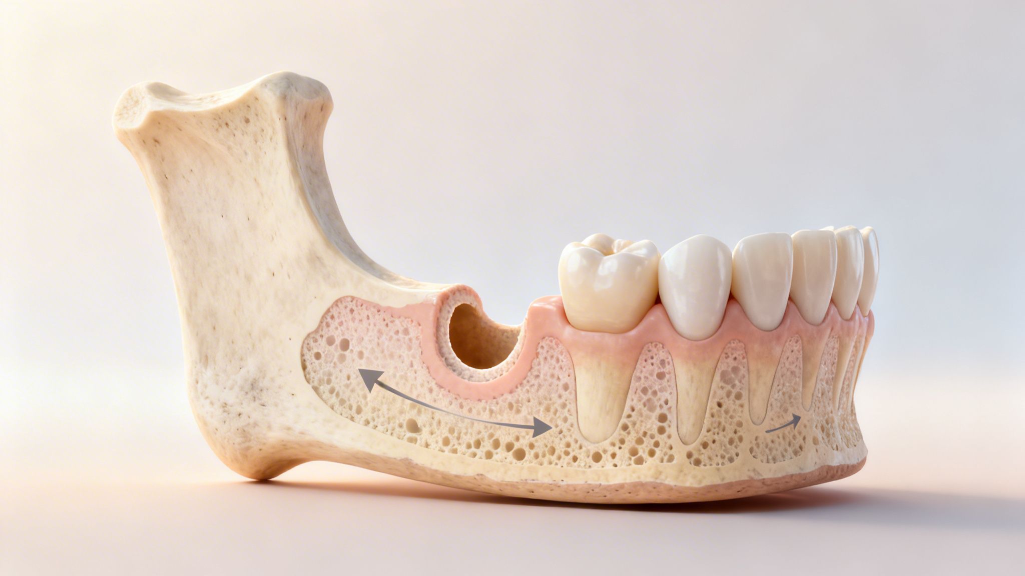 Detailed 3D anatomical model of human jaw showing bone loss after tooth extraction.