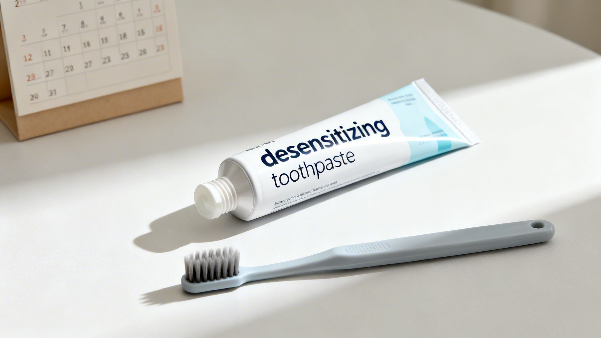 A tube of desensitizing toothpaste and a blue toothbrush on a white surface with a calendar.