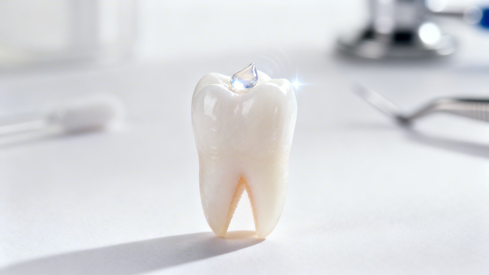 A pristine white tooth model with a shimmering liquid drop on its surface, surrounded by blurred dental instruments.