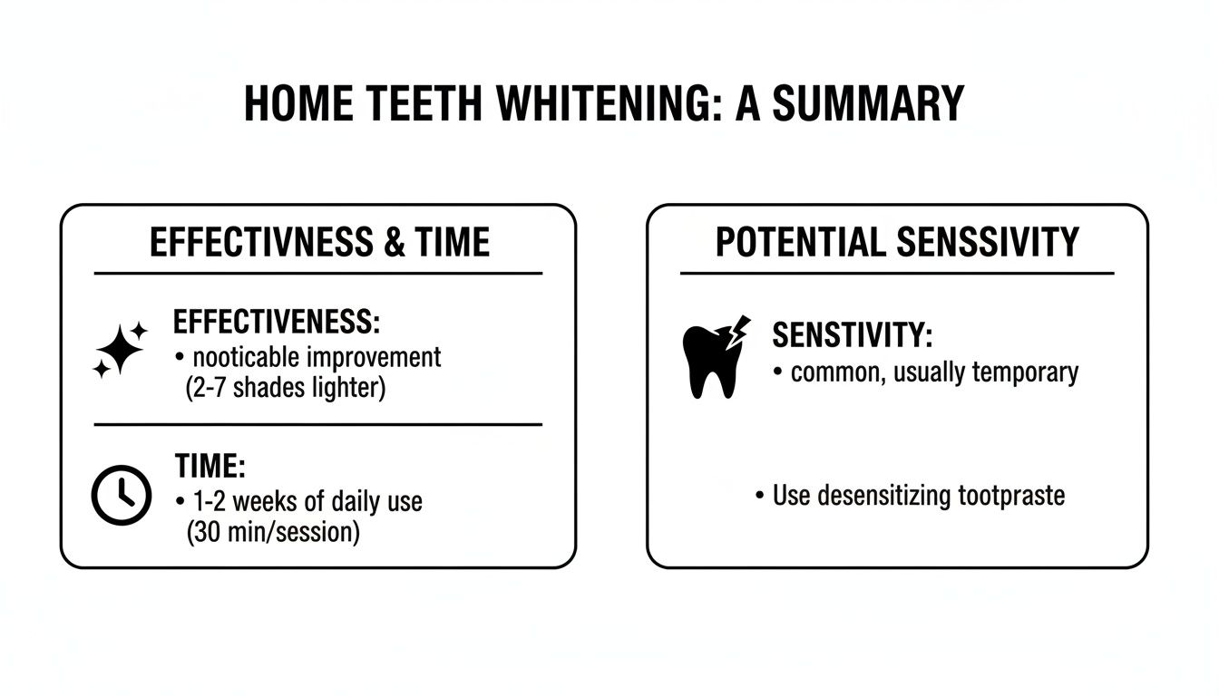 A summary about home teeth whitening, detailing effectiveness, time commitment, and potential sensitivity.