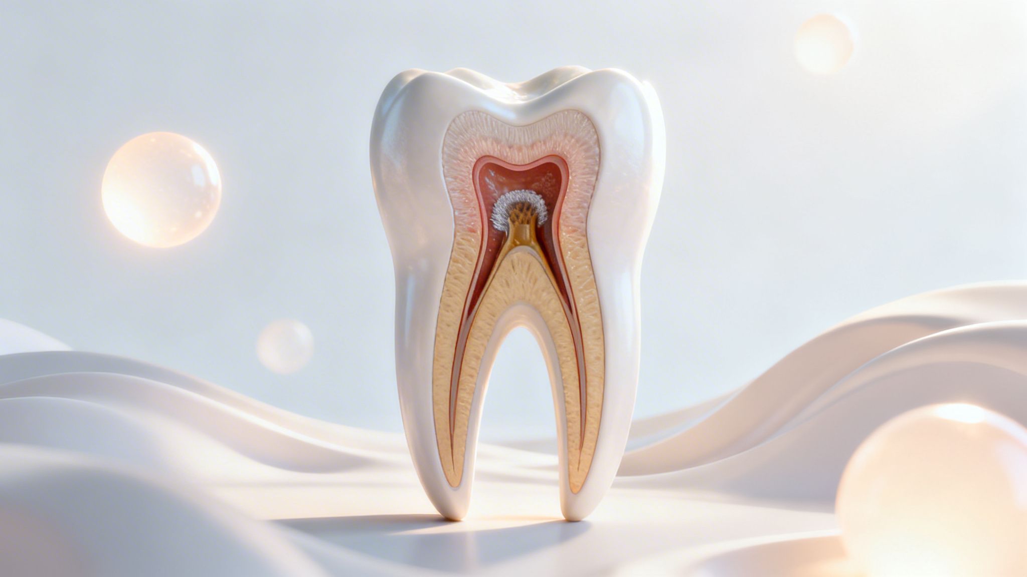 A 3D rendering of a human tooth cross-section showing internal structure and root canal anatomy for dental education.