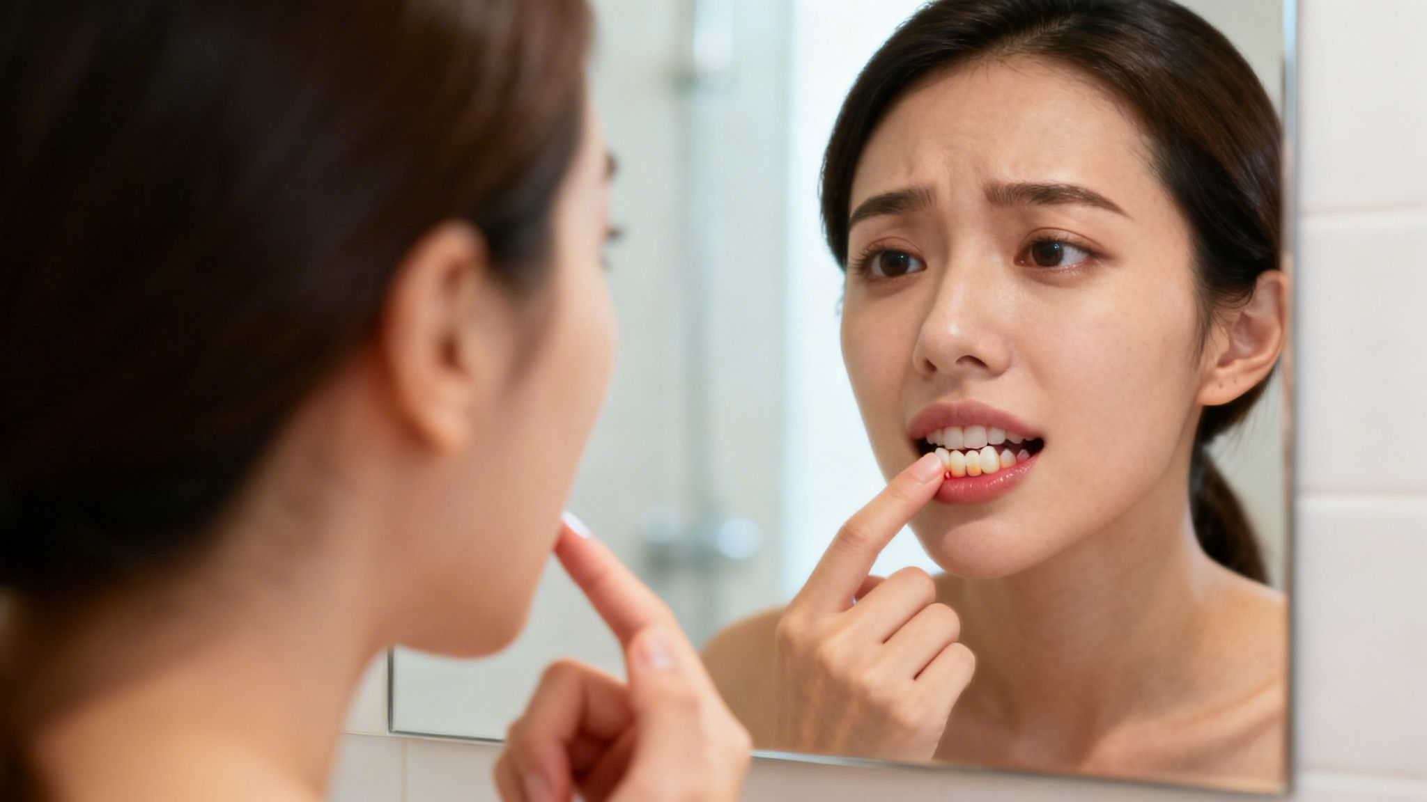 A concerned woman looking in the mirror and touching her gums while experiencing dental discomfort.