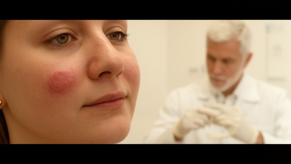 A close-up view of a young woman with a red skin lesion on her cheek at a doctor's office.