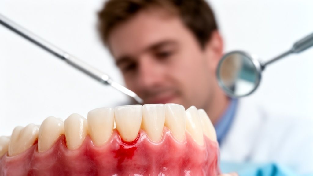 A dentist holds a dental model showing inflamed gums and teeth while preparing to use clinical tools.