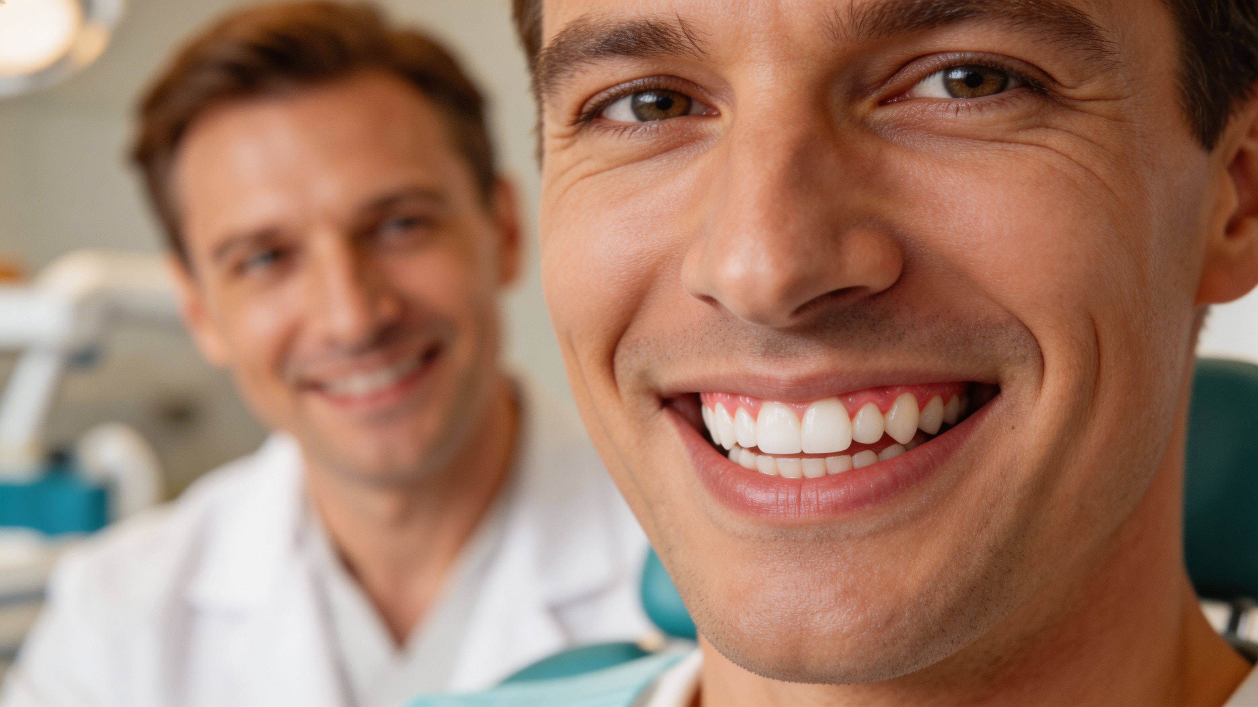 A happy male patient smiling in a dental chair with his dentist smiling in the blurred background.