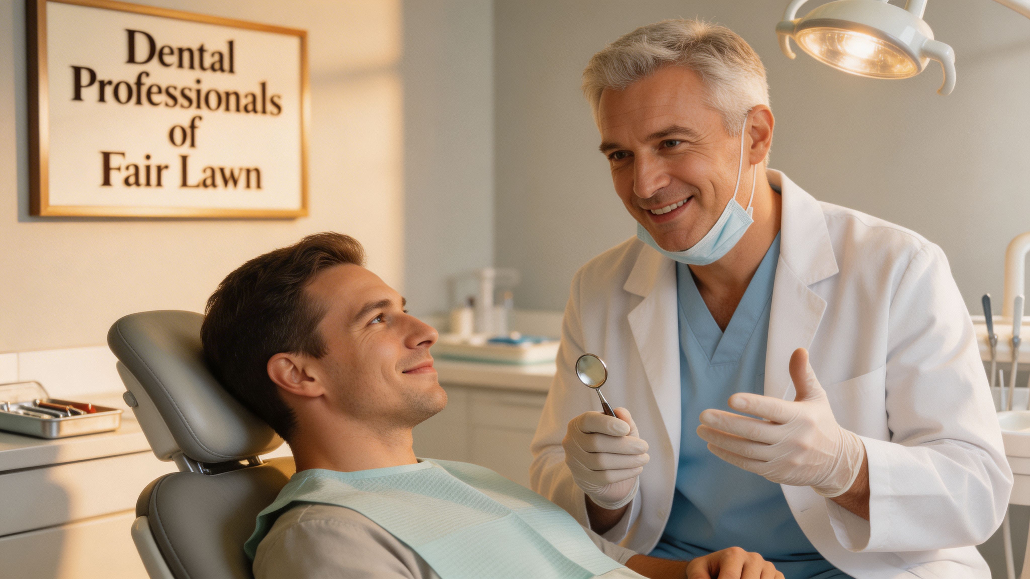 A smiling dentist in a white coat consulting with his patient during a routine dental checkup visit.