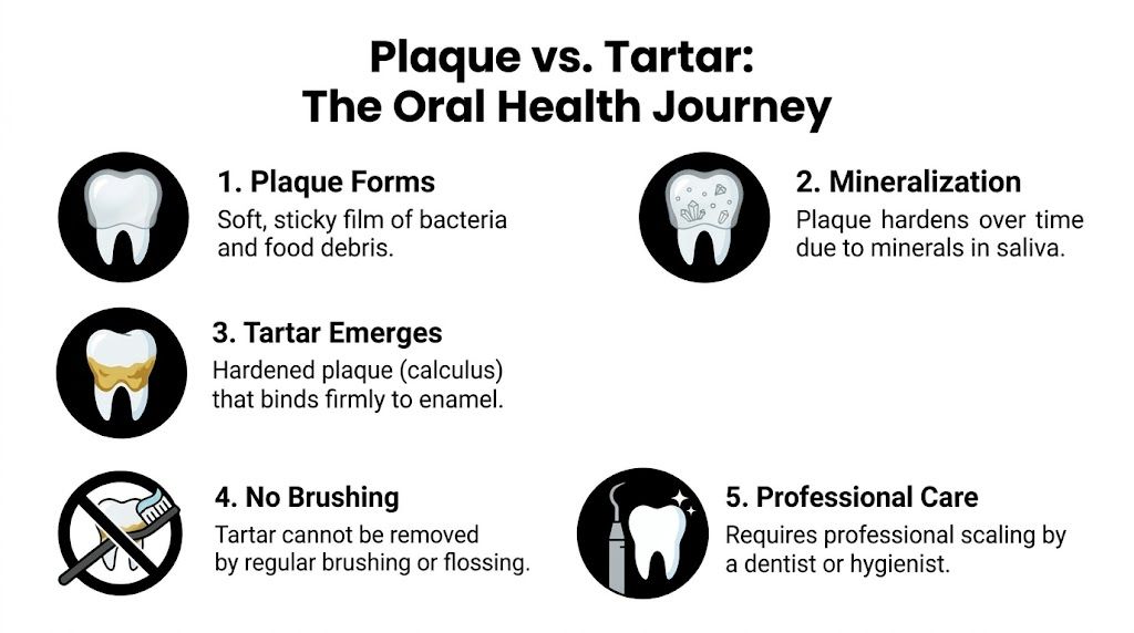 An infographic illustrating the oral health journey from plaque formation to tartar buildup and professional dental removal.