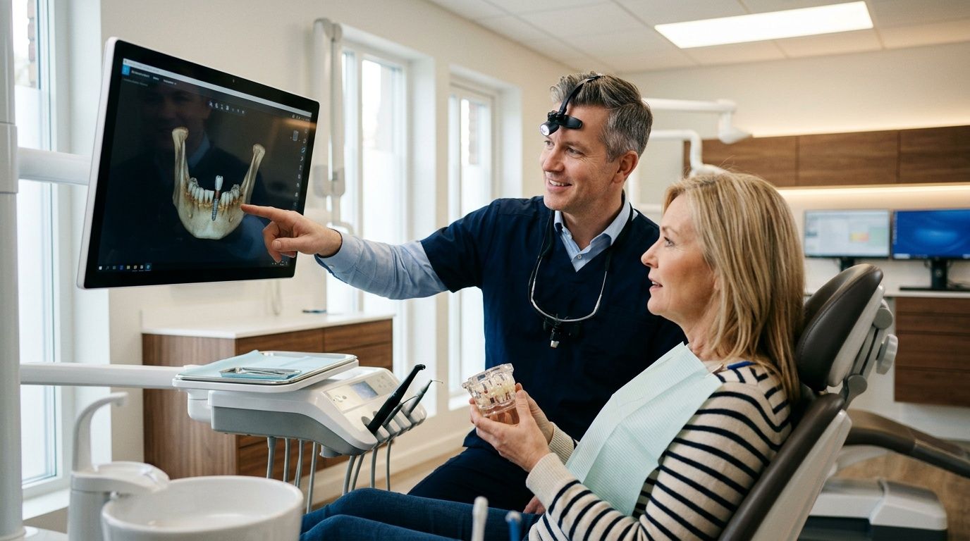 A dentist shows a patient a 3D dental implant plan on a screen in a modern office.