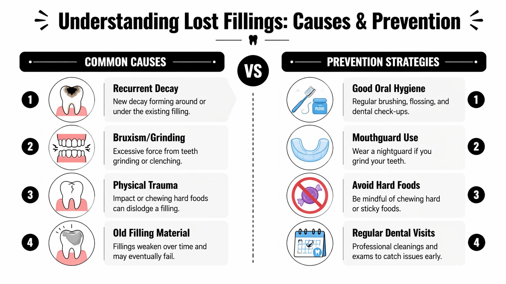 An infographic titled Understanding Lost Fillings listing four common causes and four prevention strategies for patients.