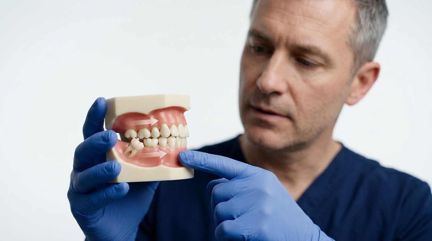 A dentist wearing blue surgical gloves points at a dental model showing an impacted wisdom tooth.