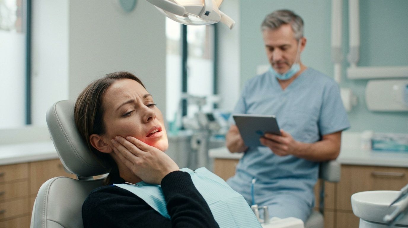 A woman holding her jaw in pain while sitting in a dentist office during a consultation.
