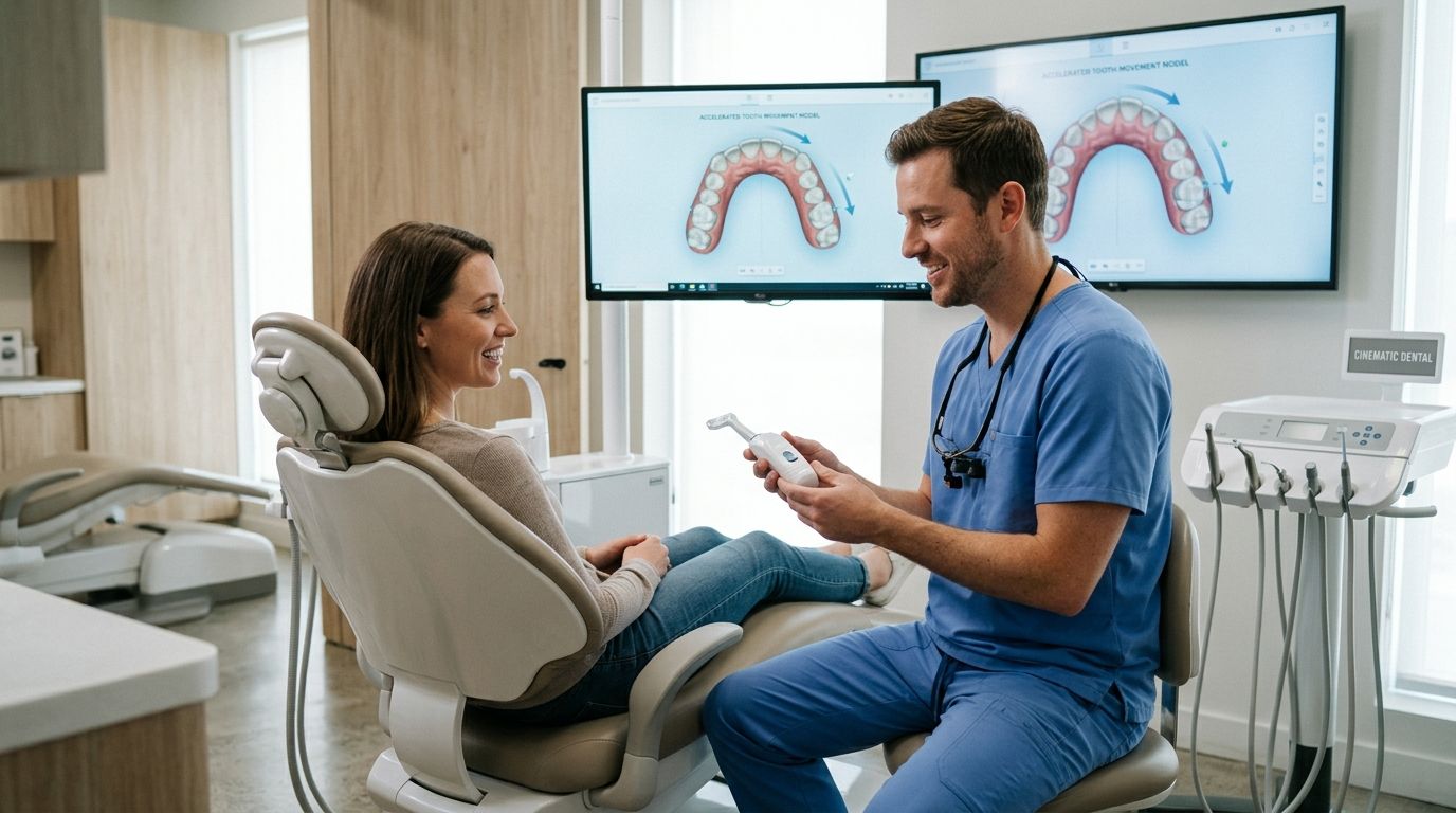 A dentist shows a patient a digital tooth movement model on screens in a modern clinic.