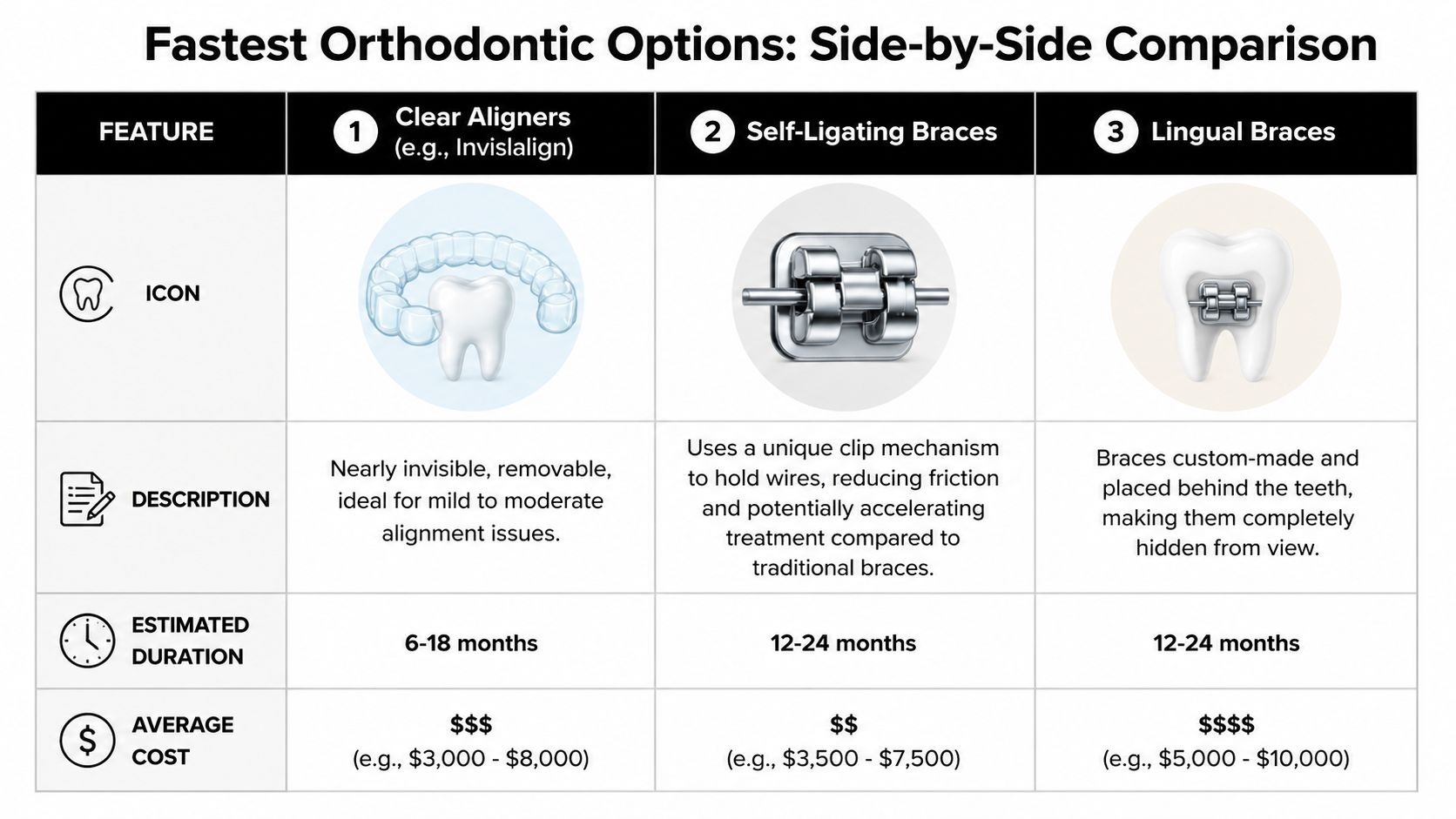 A comparison table outlining features, treatment duration, and cost for clear aligners, self-ligating braces, and lingual braces.