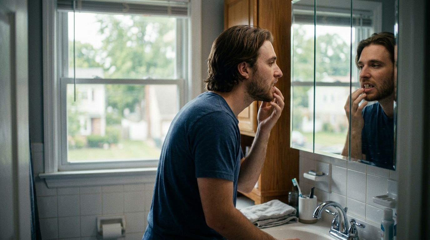 A man looking at his teeth in the bathroom mirror, considering his oral health options.