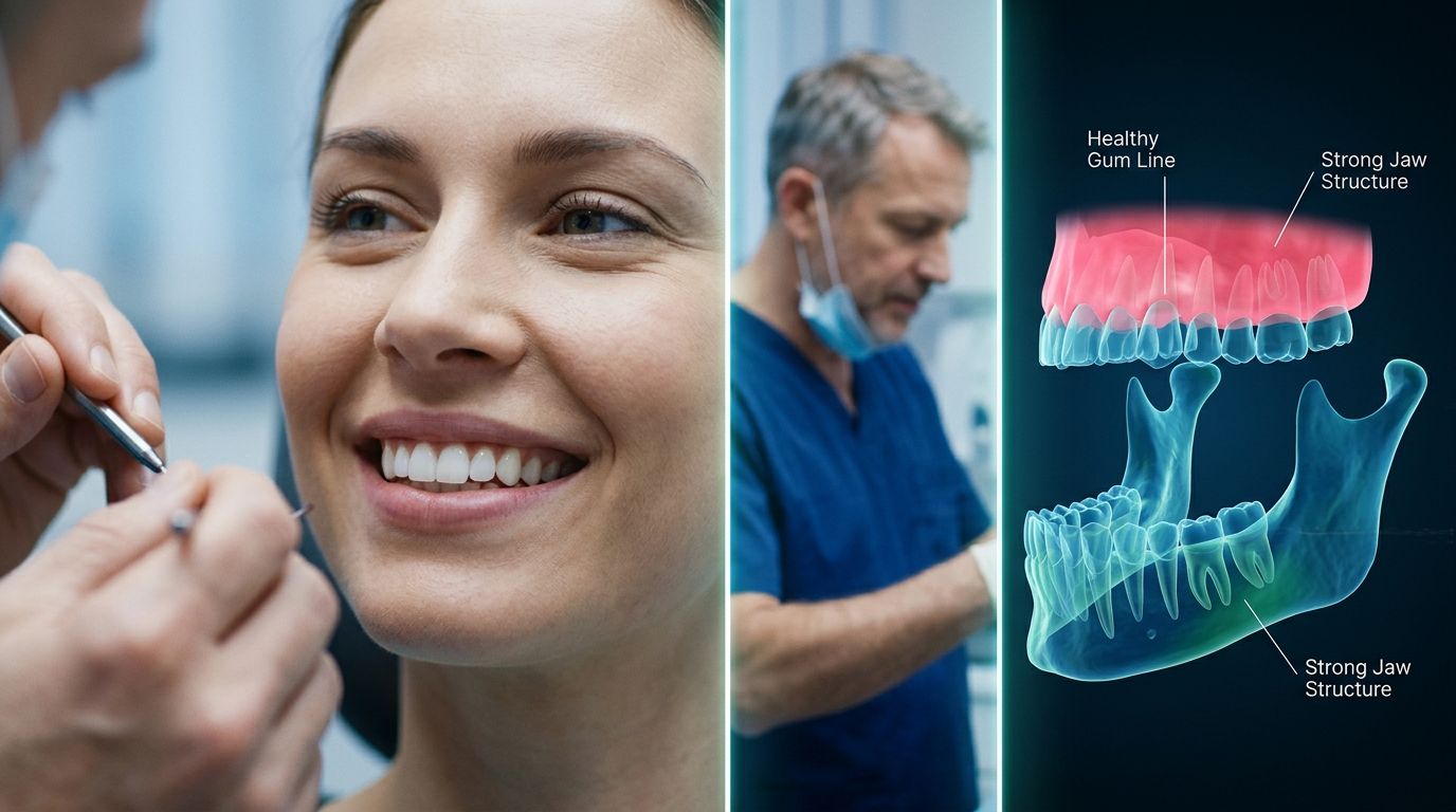 A dentist examines a patient's teeth, shown alongside a 3D dental anatomy model highlighting jaw bone structure.