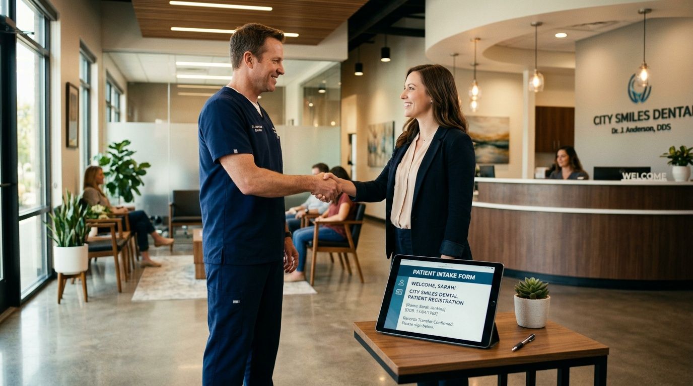 A male dentist shakes hands with a female patient in a modern dental office waiting area.