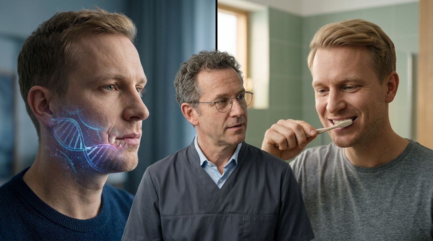 A dentist consults with a patient regarding dental care, illustrated with a DNA helix overlay on gums.
