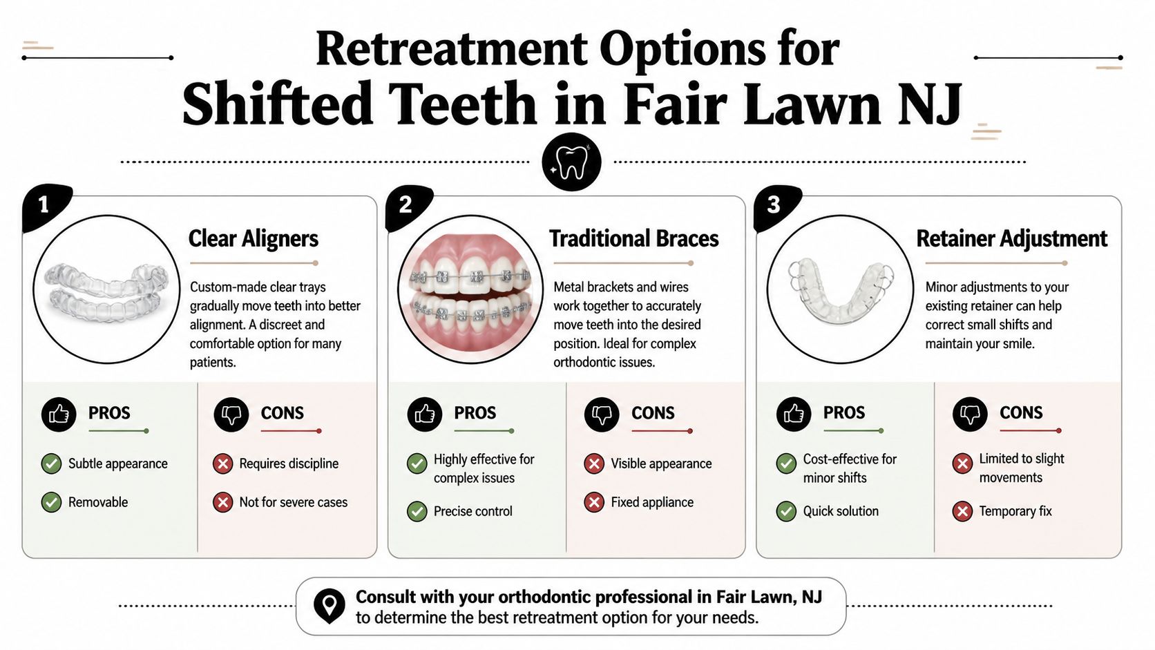 An infographic detailing retreatment options for shifted teeth, including clear aligners, traditional braces, and retainer adjustments.