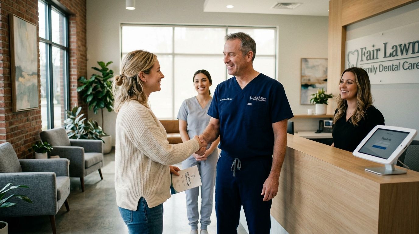A friendly dentist shaking hands with a new patient at the reception of a modern dental clinic.