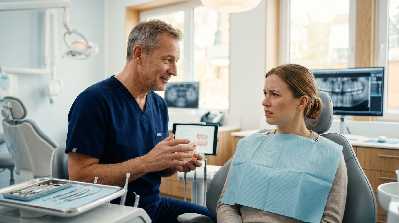 A professional dentist discussing a dental treatment plan with a concerned patient in a modern clinical office.