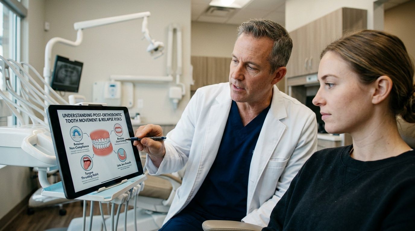 An orthodontist explains post-orthodontic tooth movement and relapse risks to a patient using a tablet screen.