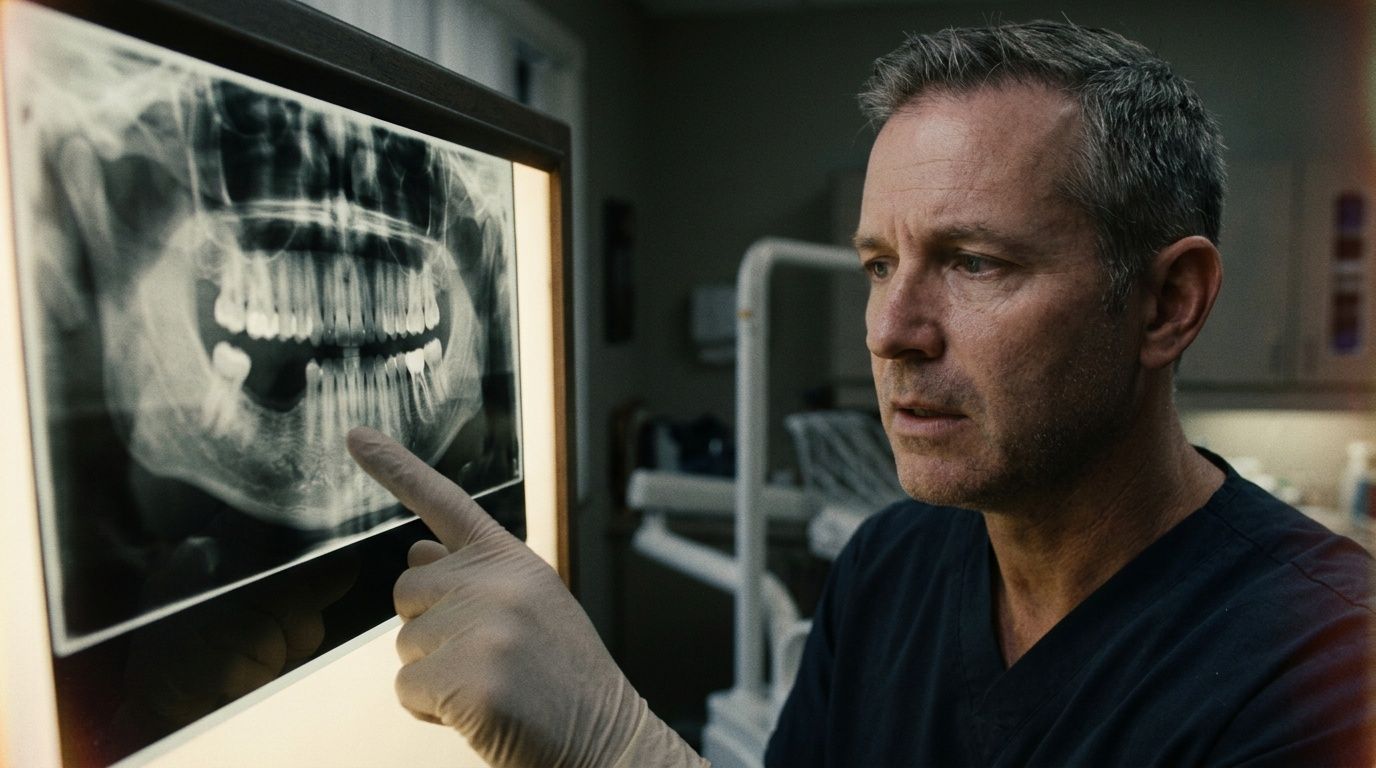 A dentist pointing to a panoramic dental X-ray while explaining a patient's treatment plan in a clinic.