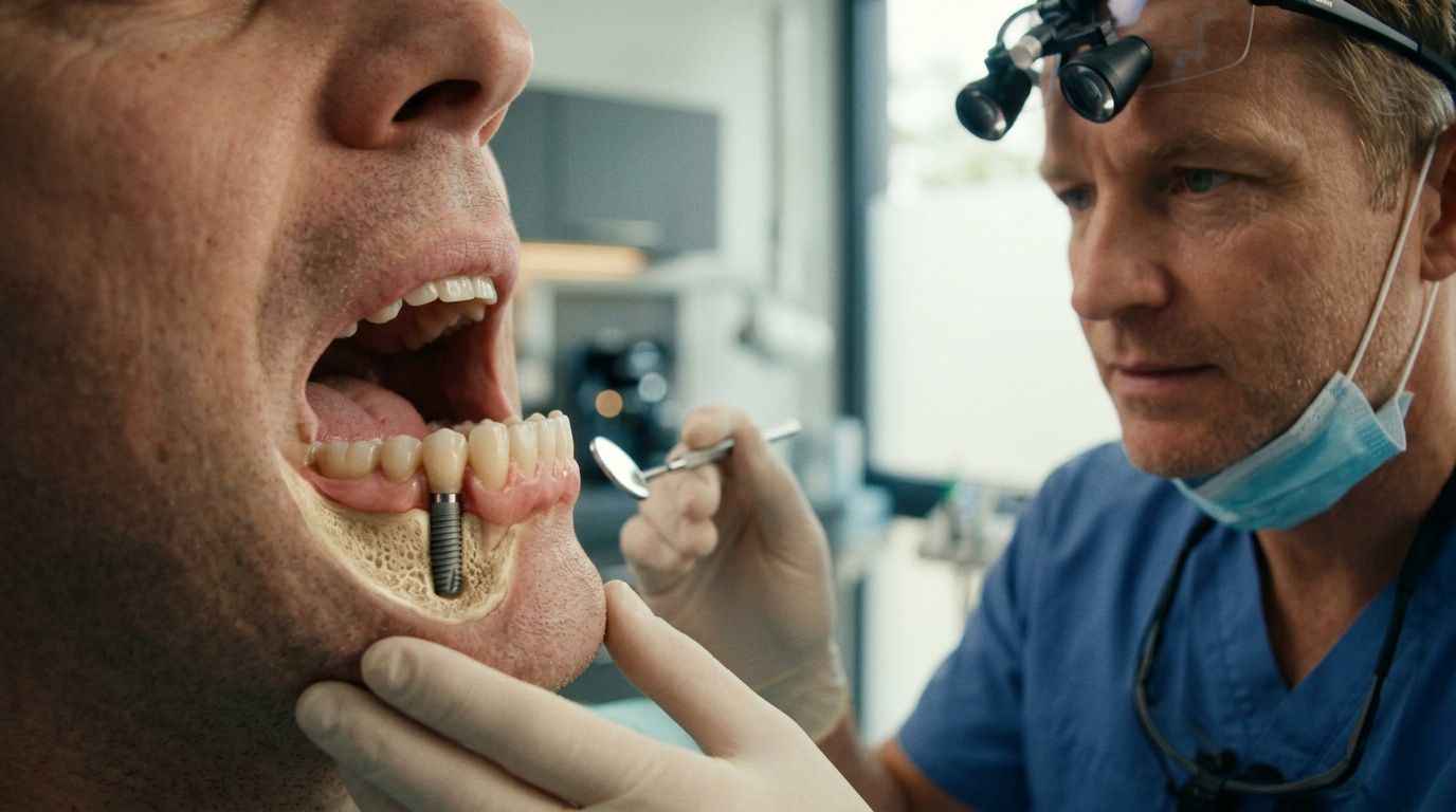A dentist examines a patient's mouth with a clear visual representation of a dental implant in the jawbone.