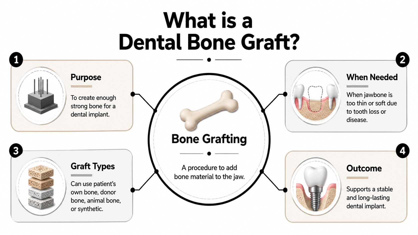 An infographic explaining dental bone grafting, including its purpose, when it is needed, types, and outcomes.