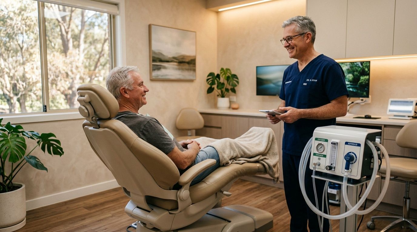 A friendly dentist consulting with a relaxed male patient in a modern dental office setting.