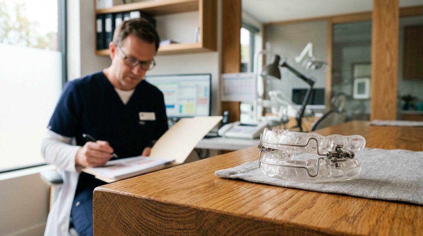 A dentist reviewing patient records next to a sleep apnea dental appliance sitting on a wooden desk.