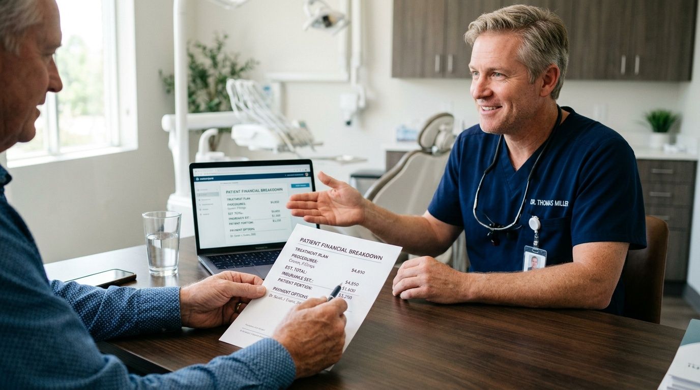A dentist discussing a financial treatment plan with an older patient in a modern dental office.