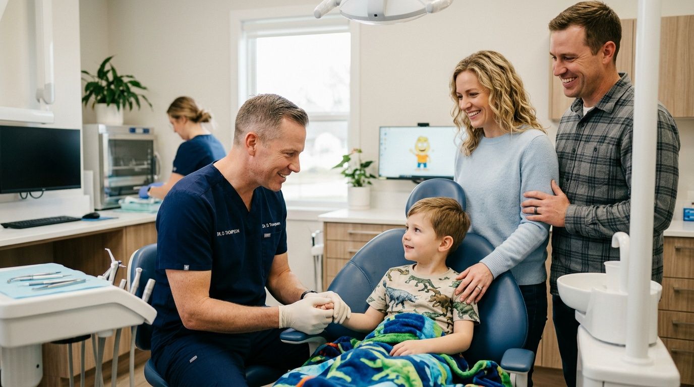 A friendly pediatric dentist holding a young patient's hand as his parents look on smiling during a checkup.