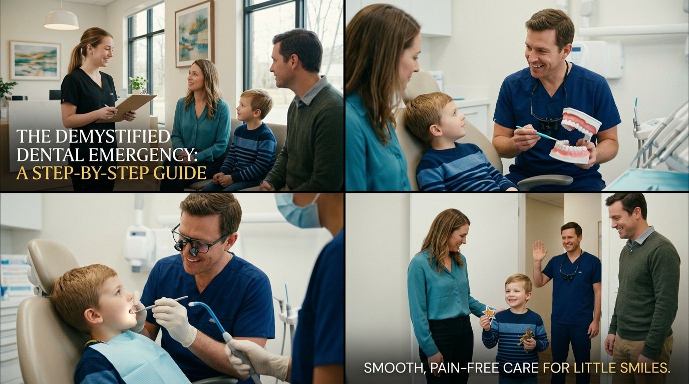 A family visiting a dentist office for their child's emergency dental care appointment in a friendly environment.