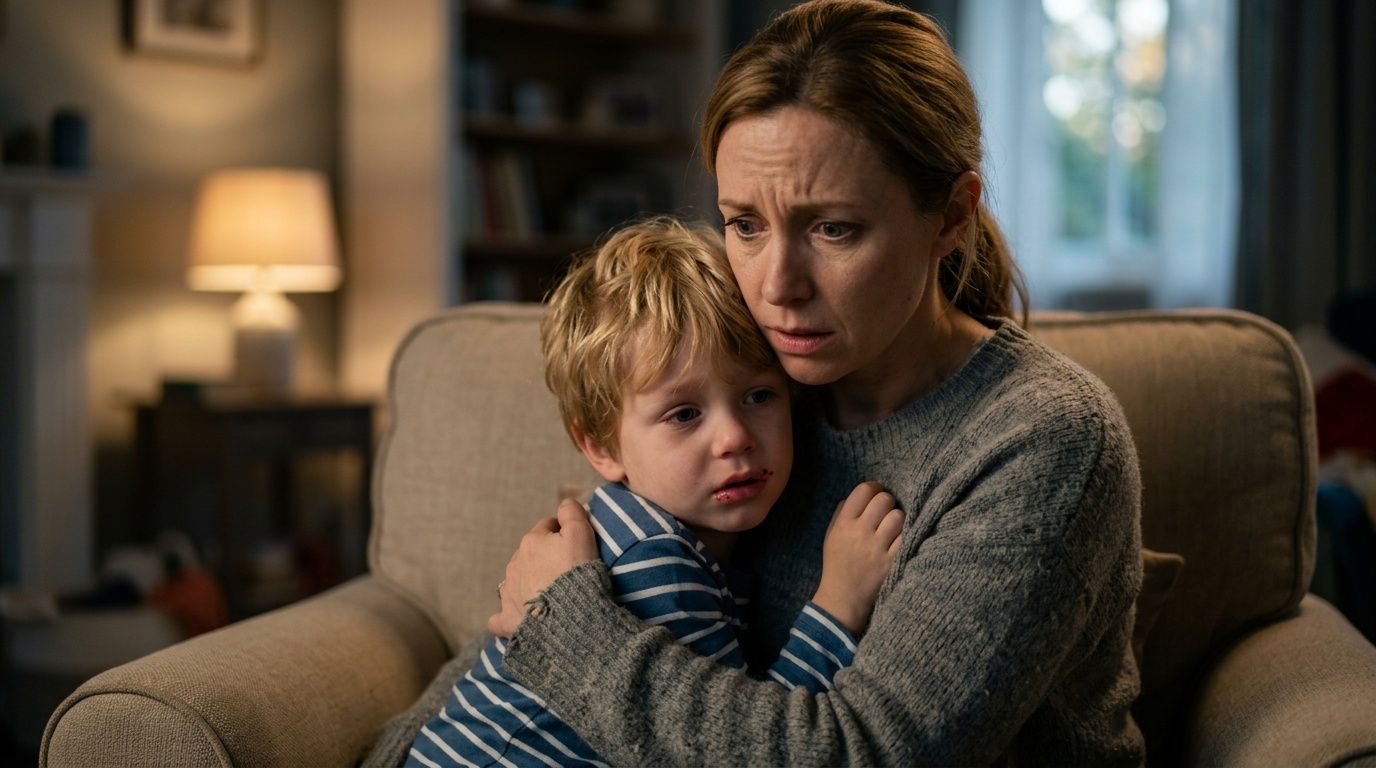 A concerned mother holding and comforting her young crying son, who has a sore on his lip.