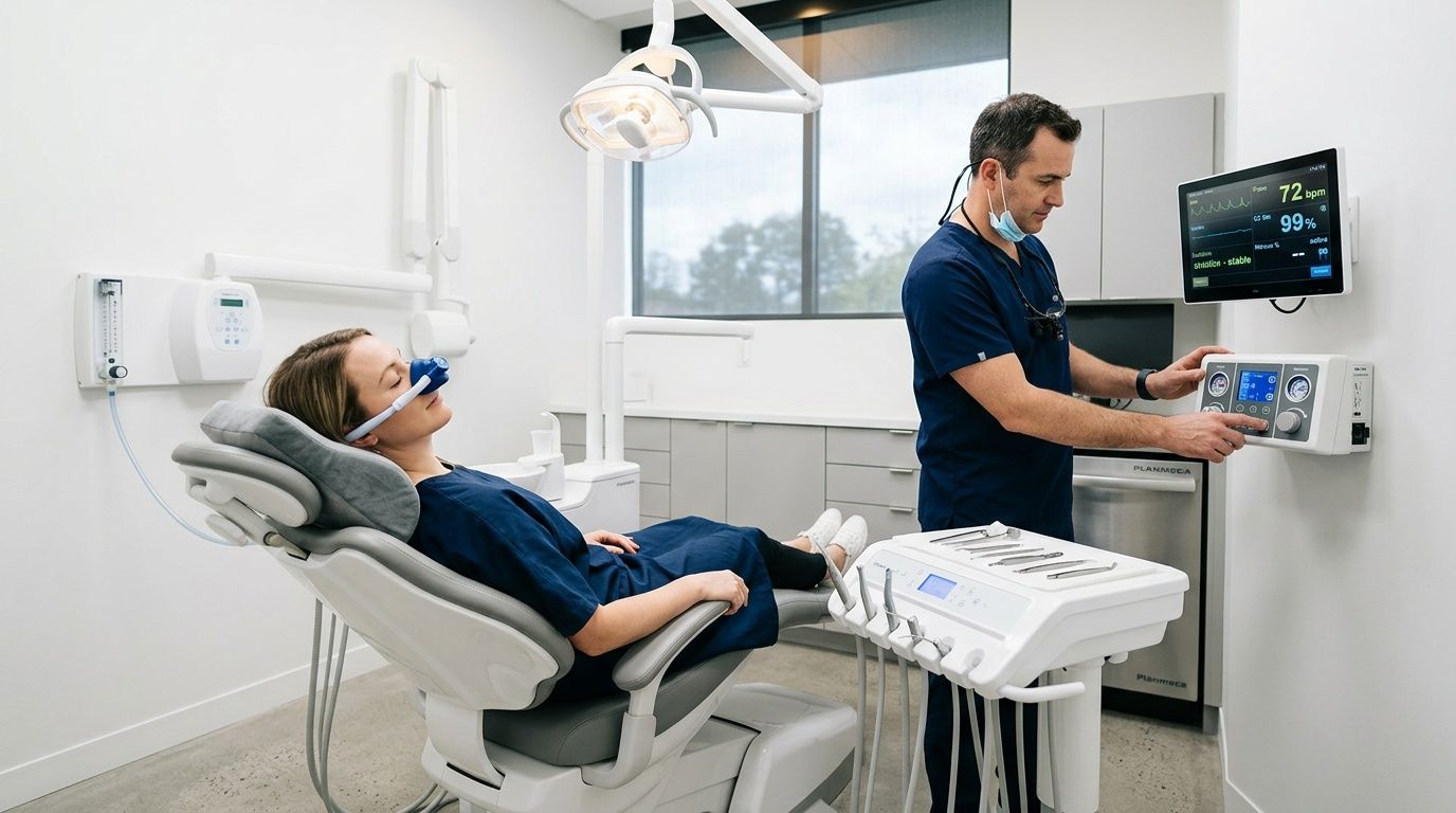 A dentist monitors a female patient undergoing a dental procedure while using nitrous oxide sedation.