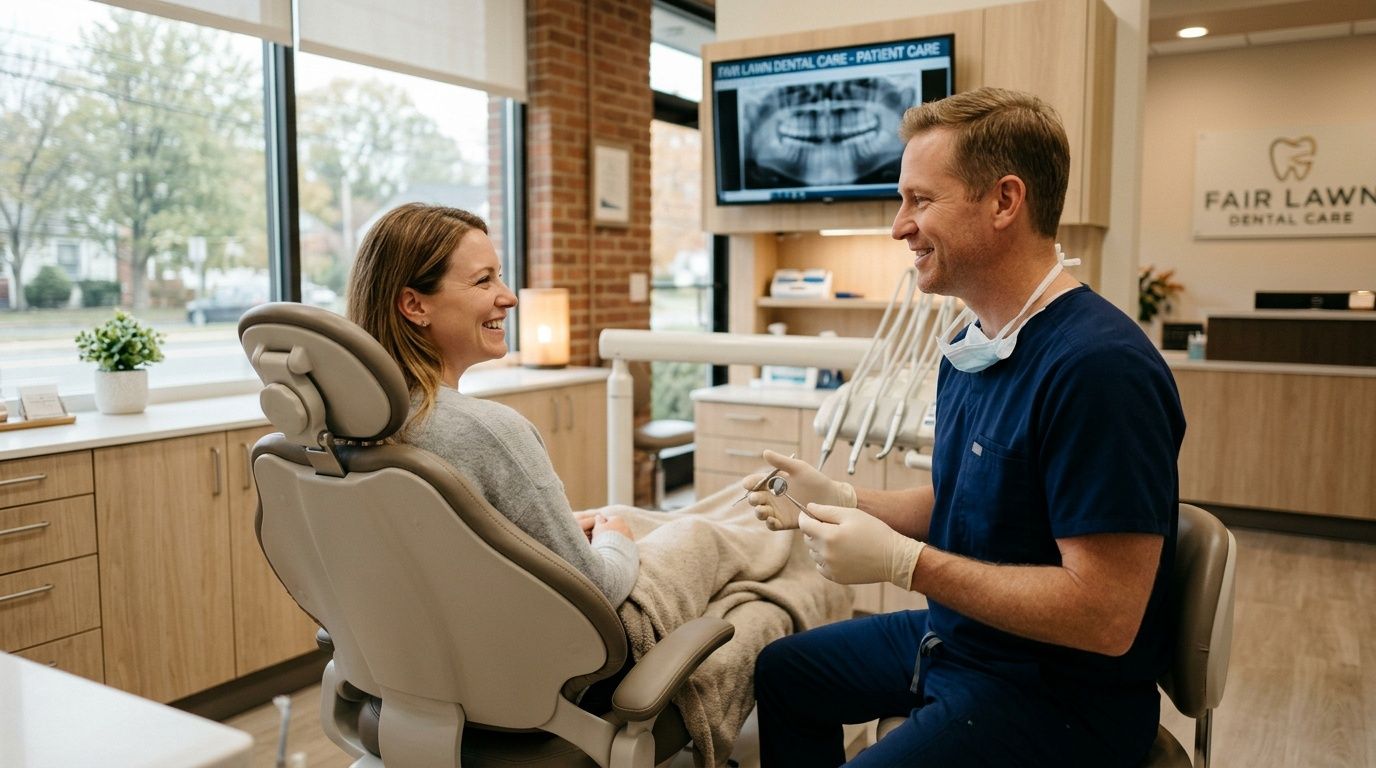 A friendly dentist talking to his smiling patient during a dental consultation in a bright office.