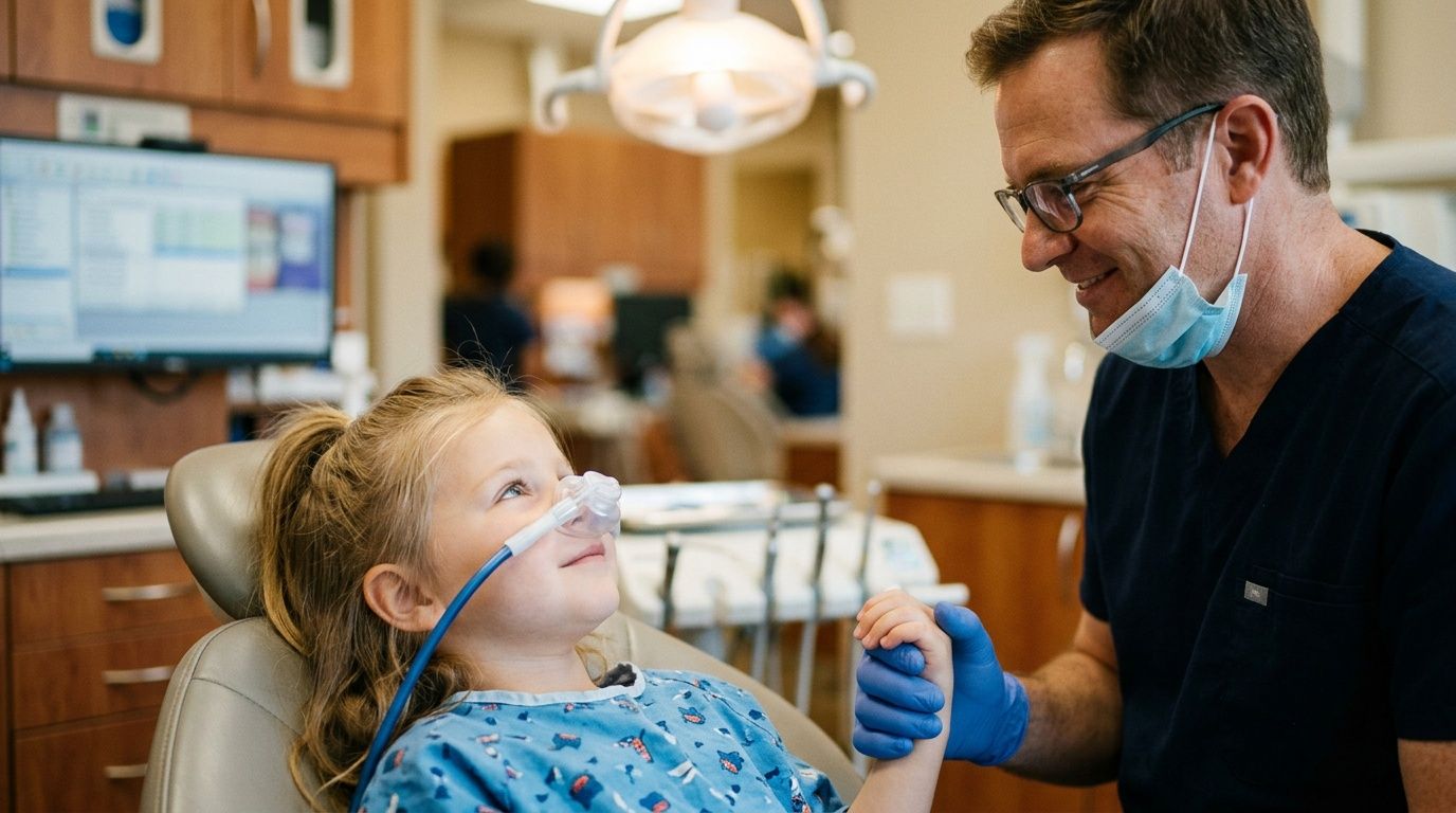A friendly dentist holding a young patient's hand while she receives nitrous oxide during a procedure.