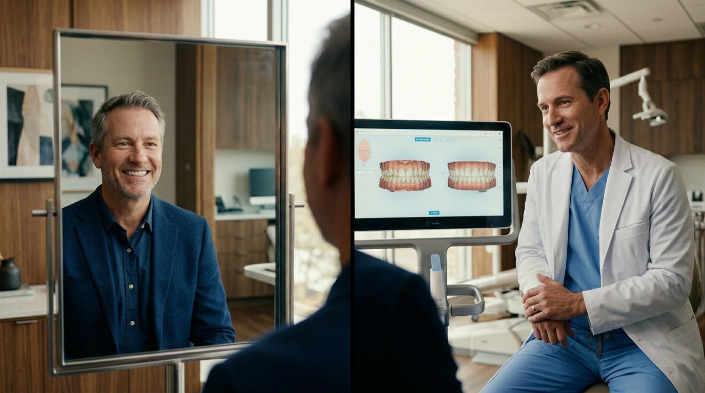 A dentist reviewing a digital smile design simulation on a screen with a patient in a clinic.