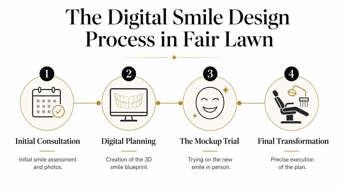 An infographic illustrating the four-step Digital Smile Design process including consultation, planning, mockup, and final transformation.