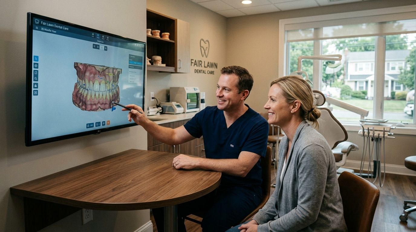 A dentist pointing at a 3D dental scan on a screen while explaining treatment to a patient.
