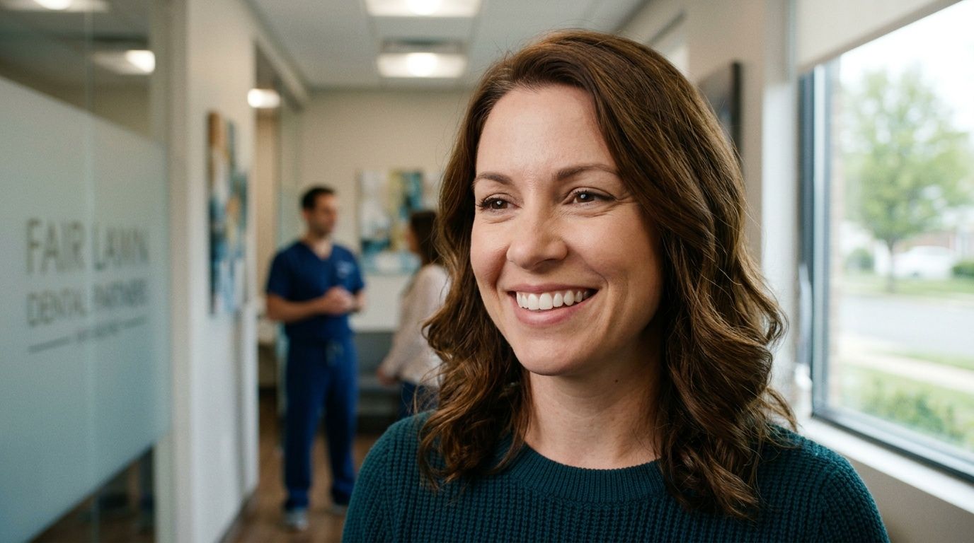 A smiling woman in a teal sweater standing in a bright and professional dental office hallway.
