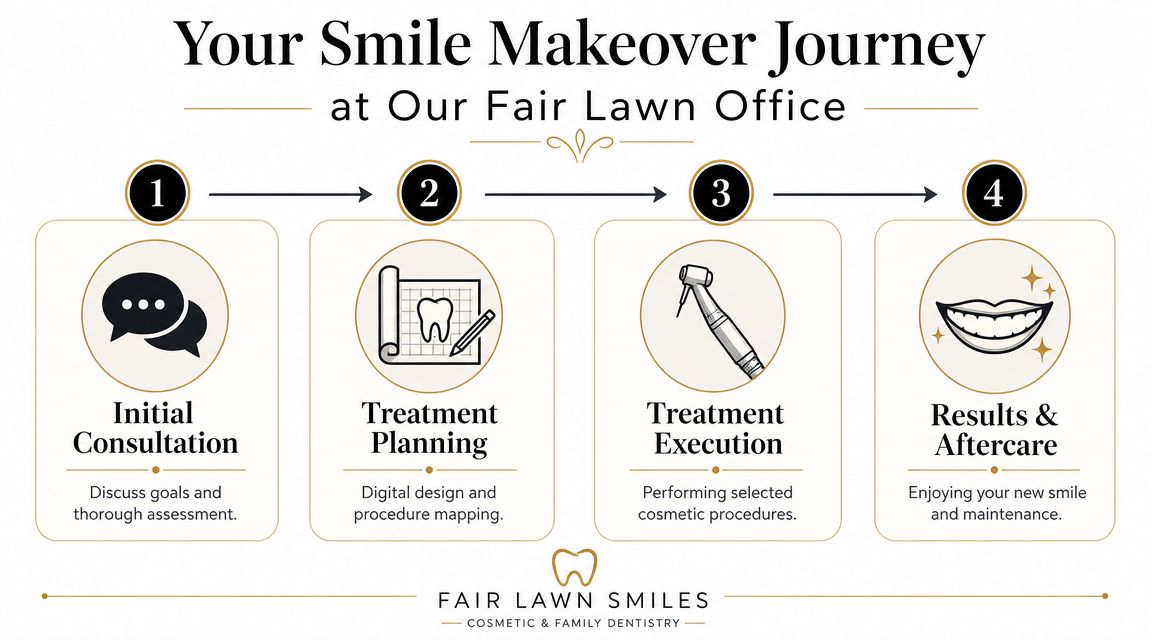 A four-step infographic showing the smile makeover journey process at a Fair Lawn cosmetic dentistry office.