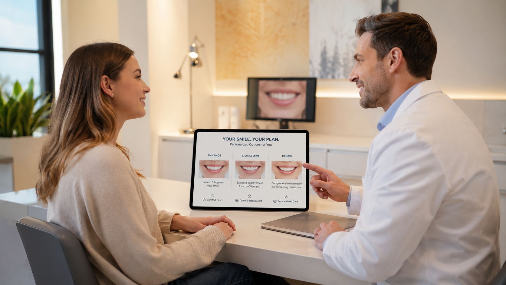 A dentist shows a woman different smile makeover options on a digital tablet in his office.