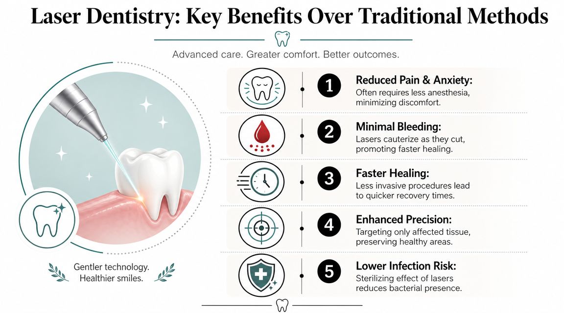 An infographic detailing the five key benefits of laser dentistry including reduced pain and faster healing times.