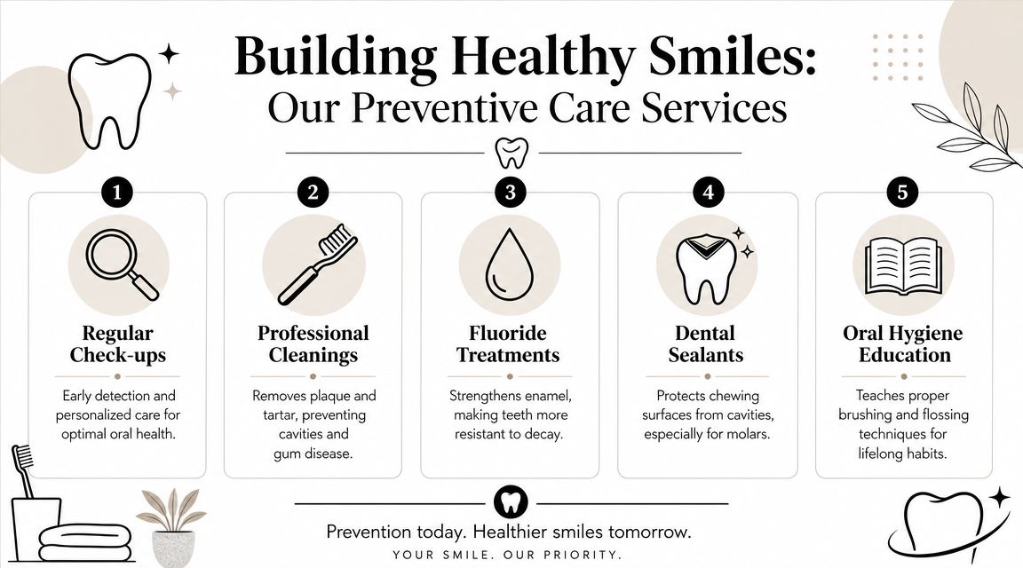 An infographic titled Building Healthy Smiles outlining five essential preventive dental care services for patients.