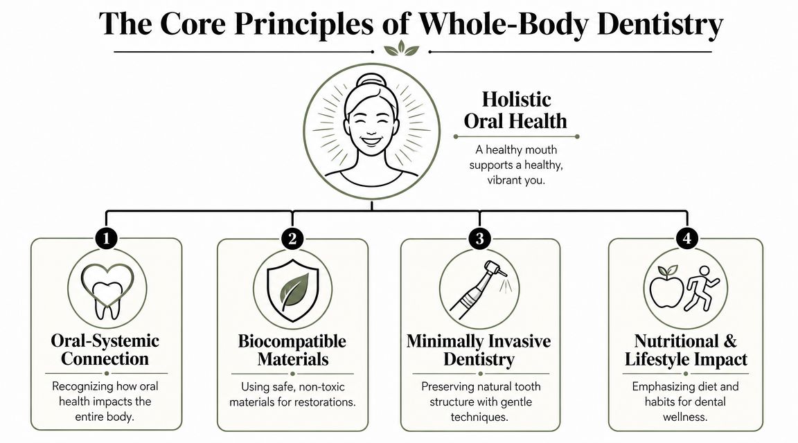An infographic detailing the four core principles of holistic whole-body dentistry for healthy living.