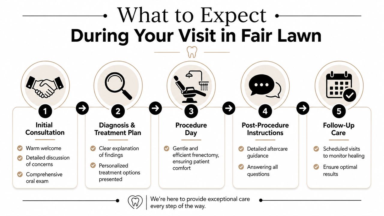 A dental procedure workflow infographic detailing the five steps of the patient visit process in Fair Lawn.